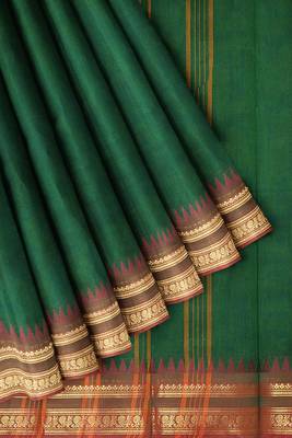 Emerald green & copper brown chettinad cotton saree with running blouse 7
