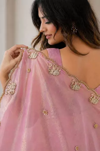 Dazzling lavender sequins embroidered with bits work frendy satin latest designer traditional saree