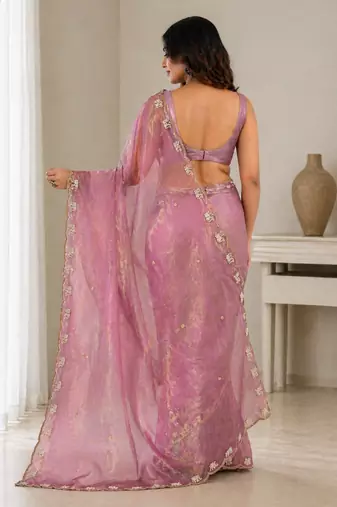 Dazzling lavender sequins embroidered with bits work frendy satin latest designer traditional saree