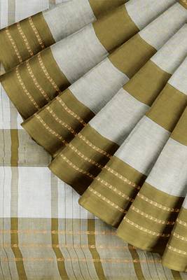 Olive moss green & soft ivory white chettinad cotton saree with running blouse 7