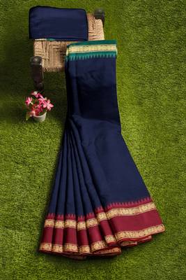 Navy blue midnight tone & blood red jewel tone chettinad cotton saree with running blouse 7