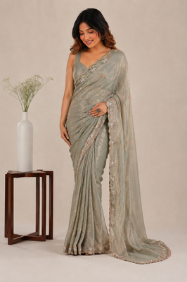 Alluring dusty pink sequins embroidered with bits work frendy satin party wear saree 1