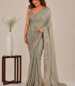 Alluring dusty pink sequins embroidered with bits work frendy satin party wear saree