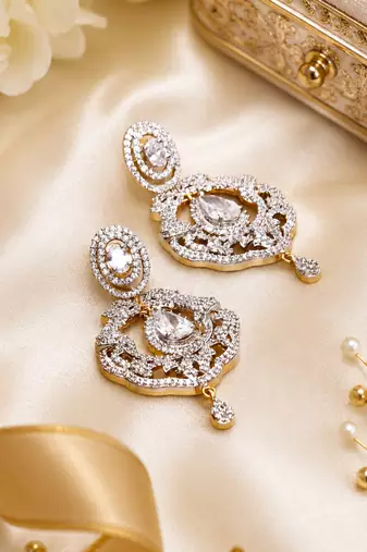 Royal floral cubic zirconia dangle statement earrings