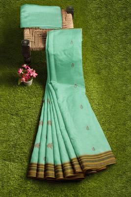 Mint green & antique gold kovai cotton saree with running blouse 7