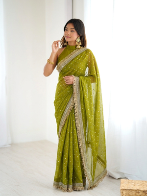 Seductive olive green fancy lace border soft viscose jacquard butti silk designer wedding saree 1