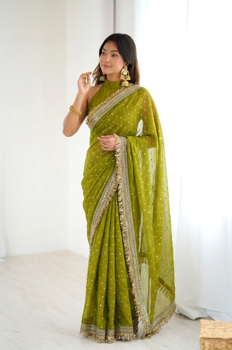 Seductive olive green fancy lace border soft viscose jacquard butti silk designer wedding saree
