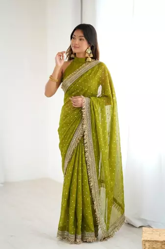 Seductive olive green fancy lace border soft viscose jacquard butti silk designer wedding saree
