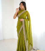 Seductive olive green fancy lace border soft viscose jacquard butti silk designer wedding saree