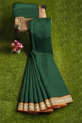 Green forest emerald & orange saffron glow banahatti cotton saree with running blouse 7
