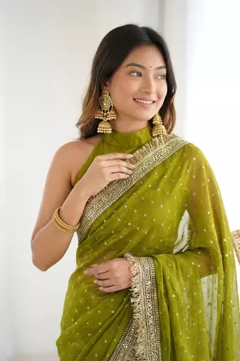 Seductive olive green fancy lace border soft viscose jacquard butti silk designer wedding saree