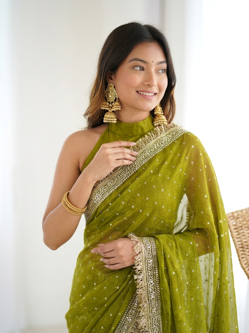 Seductive olive green fancy lace border soft viscose jacquard butti silk designer wedding saree