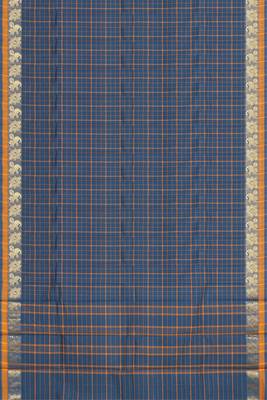 Cobalt blue & marigold amber orange chettinad cotton saree with running blouse 6