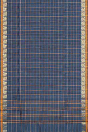 Cobalt blue & marigold amber orange chettinad cotton saree with running blouse