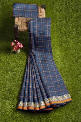 Cobalt blue & marigold amber orange chettinad cotton saree with running blouse 7