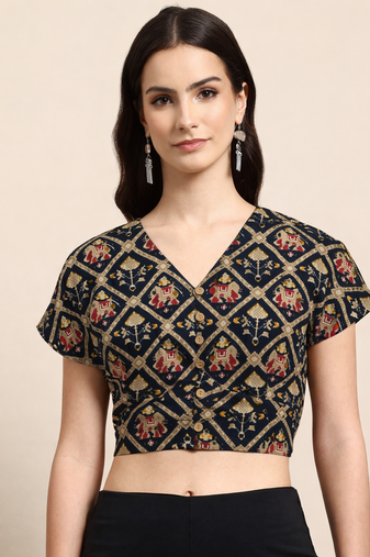 Black cotton sanganeri printed non padded blouse