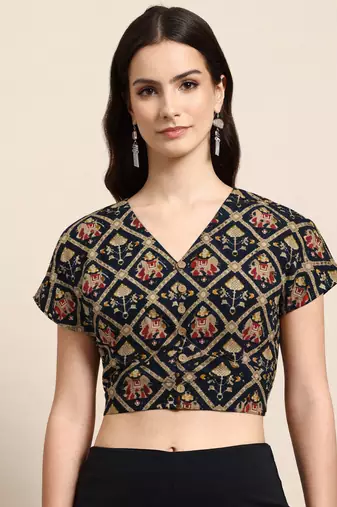 Black cotton sanganeri printed non padded blouse