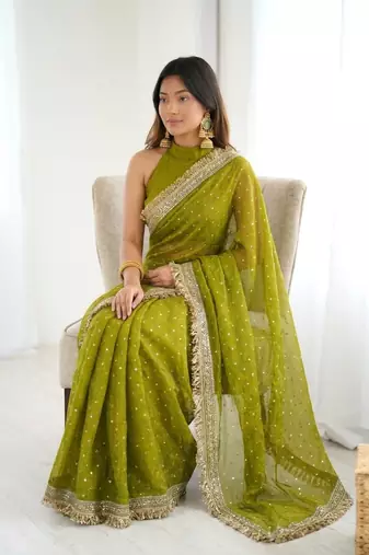 Seductive olive green fancy lace border soft viscose jacquard butti silk designer wedding saree