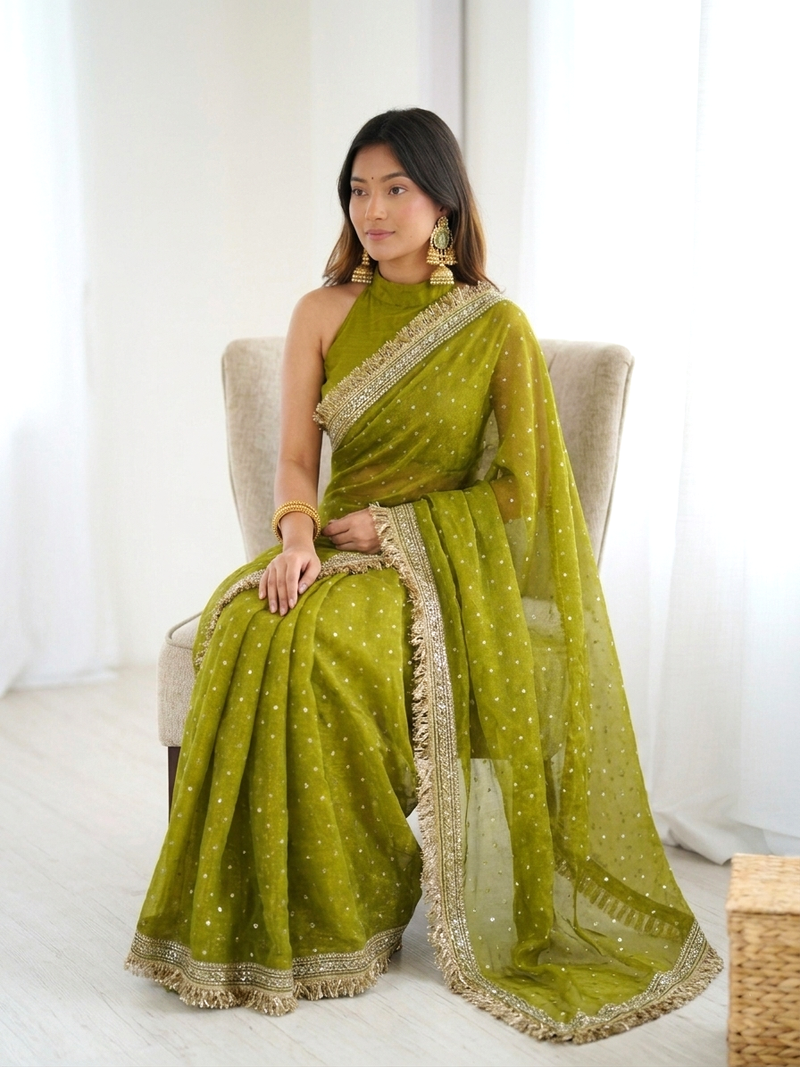 Seductive olive green fancy lace border soft viscose jacquard butti silk designer wedding saree