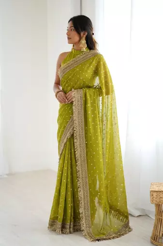 Seductive olive green fancy lace border soft viscose jacquard butti silk designer wedding saree