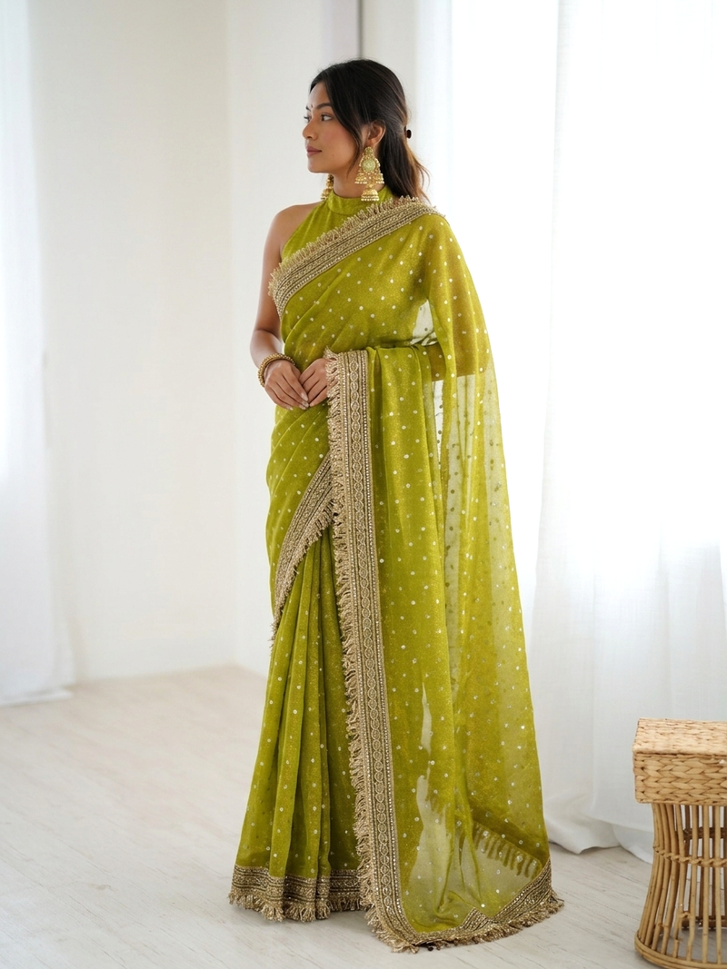 Seductive olive green fancy lace border soft viscose jacquard butti silk designer wedding saree