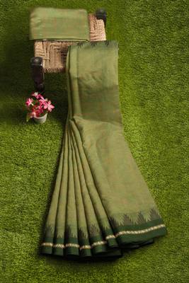 Olive moss & dark chocolate brown  chettinad cotton saree with running blouse 7