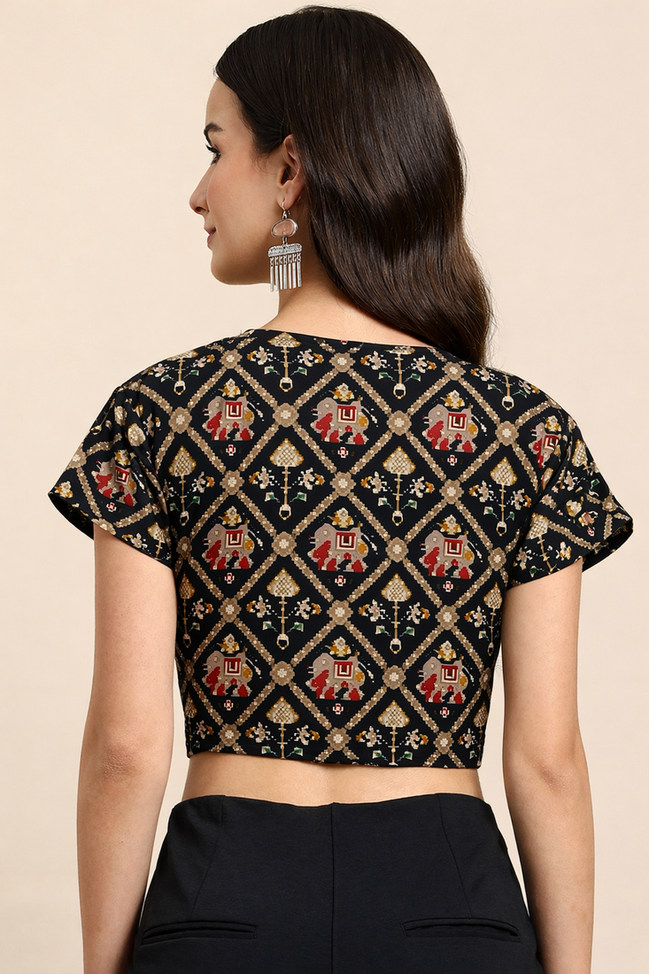 Black cotton sanganeri printed non padded blouse