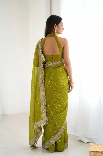 Seductive olive green fancy lace border soft viscose jacquard butti silk designer wedding saree
