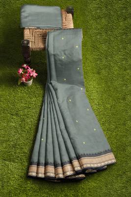 Steel grey & antique gold chettinad cotton saree with running blouse 7