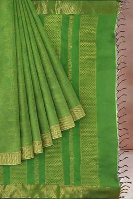 Leaf green & antique gold polycotton kalyani saree with running blouse 7