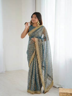 Ravishing teal blue fancy lace border soft viscose jacquard butti silk designer party wear saree 1