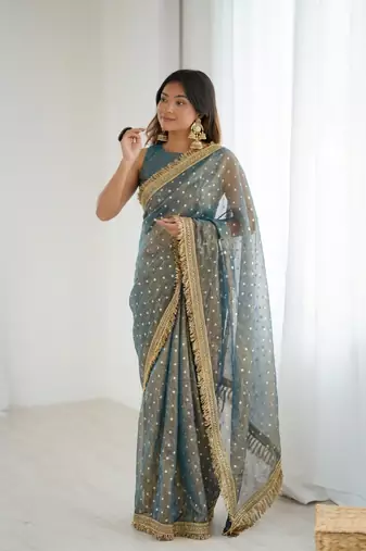 Ravishing teal blue fancy lace border soft viscose jacquard butti silk designer party wear saree