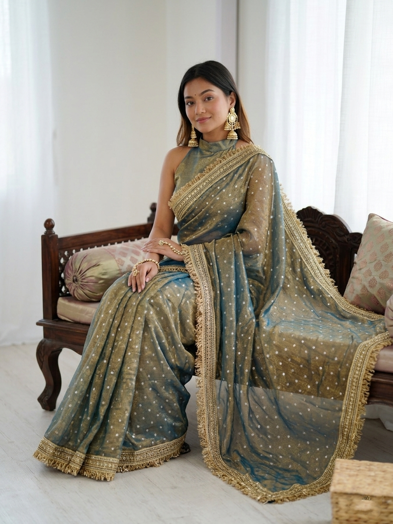 Ravishing teal blue fancy lace border soft viscose jacquard butti silk designer party wear saree