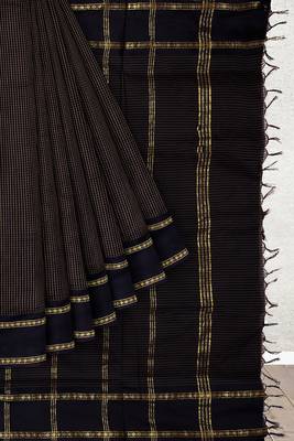 Coffee brown & midnight navy blue polycotton kalyani saree with running blouse 7