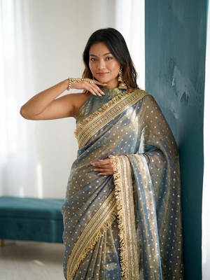 Ravishing teal blue fancy lace border soft viscose jacquard butti silk designer party wear saree 3