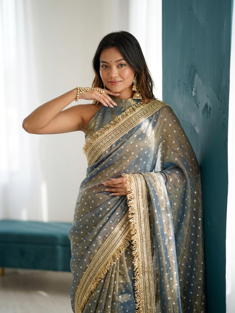 Ravishing teal blue fancy lace border soft viscose jacquard butti silk designer party wear saree