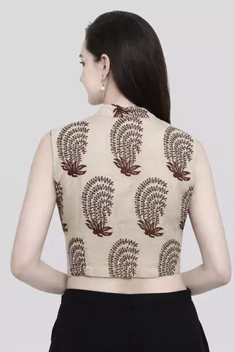 White cotton sanganeri printed non padded blouse