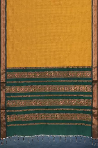 Marigold amber orange & deep teal green polycotton kalyani saree with running blouse