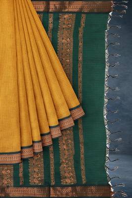 Marigold amber orange & deep teal green polycotton kalyani saree with running blouse 7