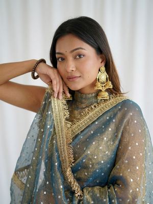 Ravishing teal blue fancy lace border soft viscose jacquard butti silk designer party wear saree 4