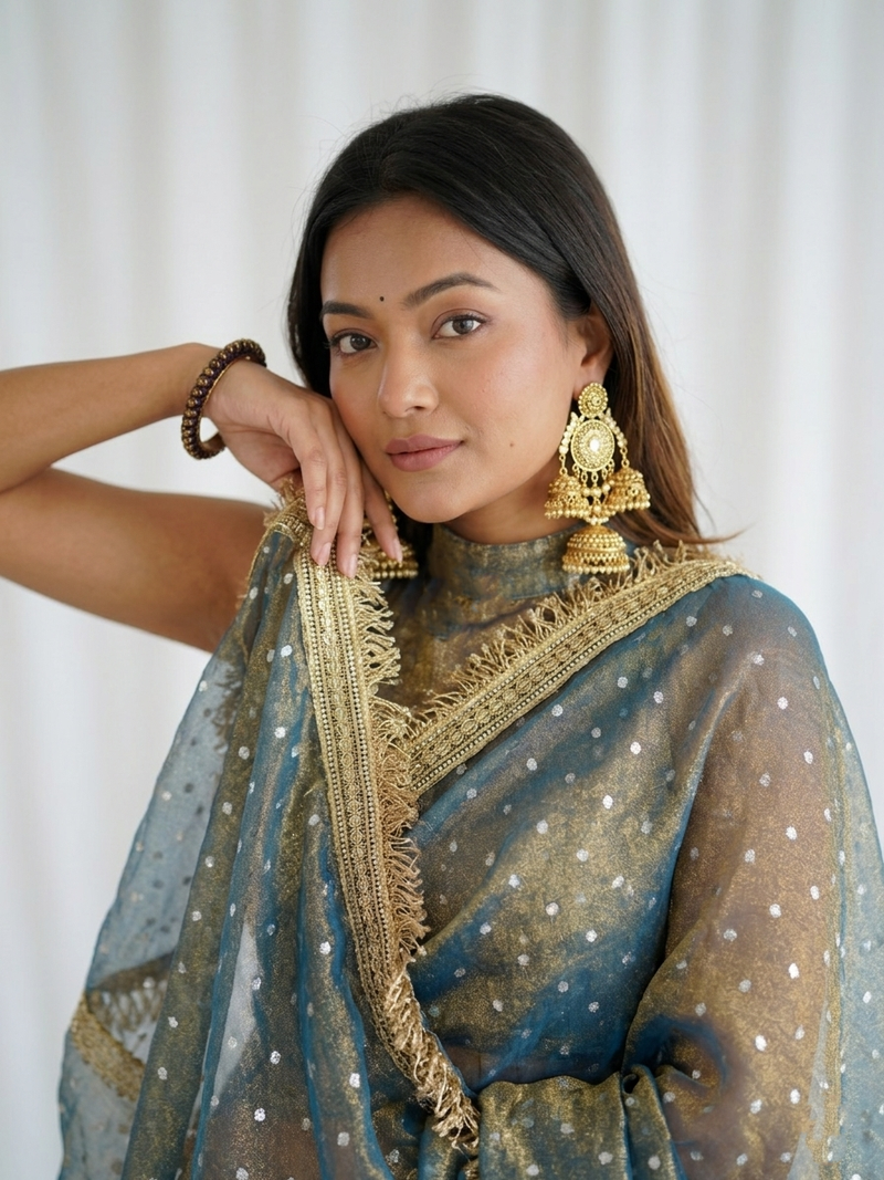 Ravishing teal blue fancy lace border soft viscose jacquard butti silk designer party wear saree