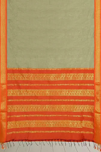 Silky silver & vermilion orange polycotton kalyani saree with running blouse