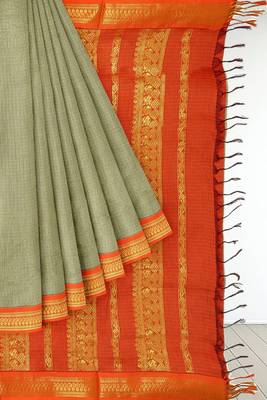 Silky silver & vermilion orange polycotton kalyani saree with running blouse 7