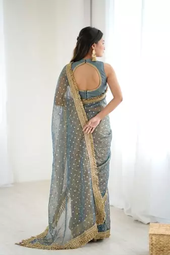 Ravishing teal blue fancy lace border soft viscose jacquard butti silk designer party wear saree