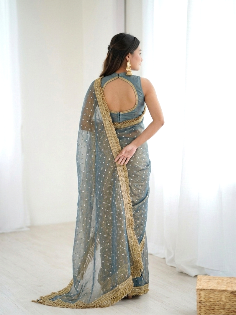 Ravishing teal blue fancy lace border soft viscose jacquard butti silk designer party wear saree