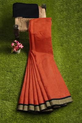 Burnt orange & dark chocolate brown polycotton kalyani saree with running blouse 7
