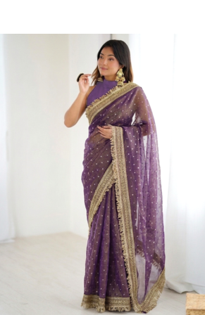 Irresistible lavender fancy lace border soft viscose jacquard butti silk designer traditional saree 1