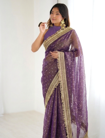 Irresistible lavender fancy lace border soft viscose jacquard butti silk designer traditional saree