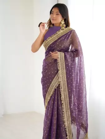 Irresistible lavender fancy lace border soft viscose jacquard butti silk designer traditional saree