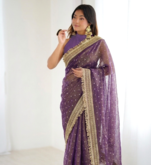 Irresistible lavender fancy lace border soft viscose jacquard butti silk designer traditional saree